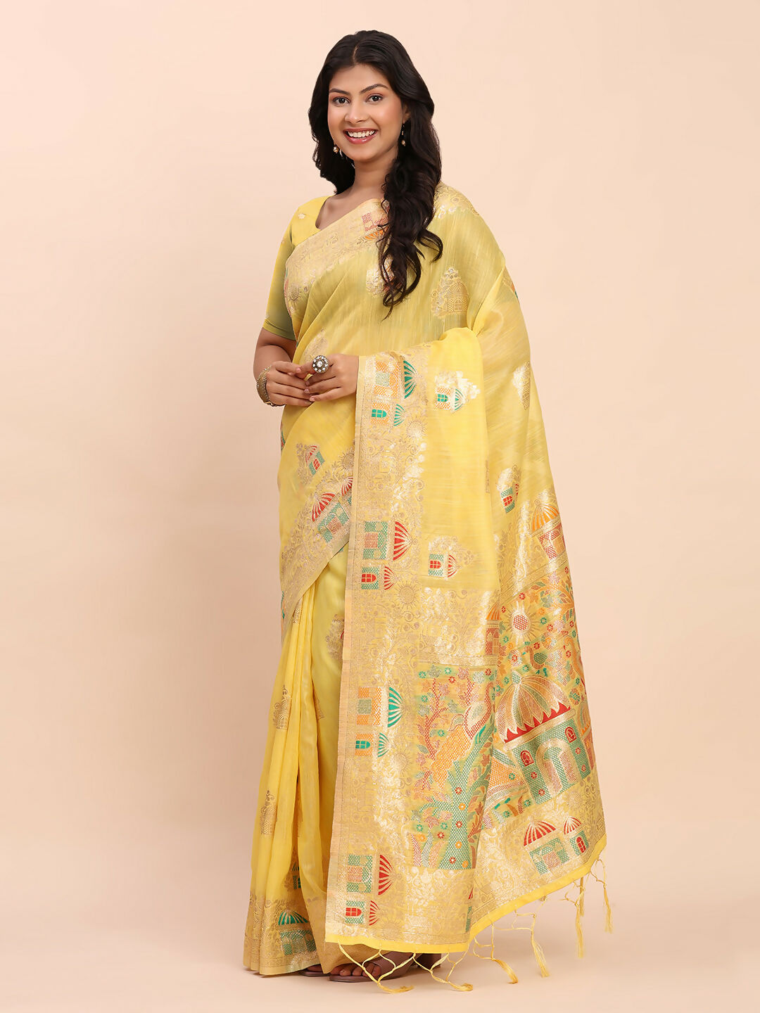 Shree Shyam Fashion Linen Cotton Yellow Saree