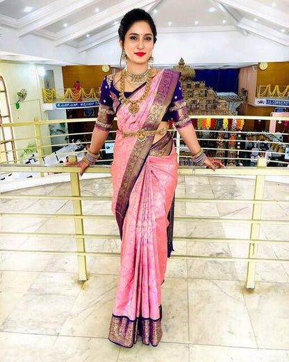Vamika Weaving Banarasi Jacquard Pink Kanjivaram Saree