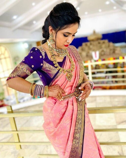 Vamika Weaving Banarasi Jacquard Pink Kanjivaram Saree