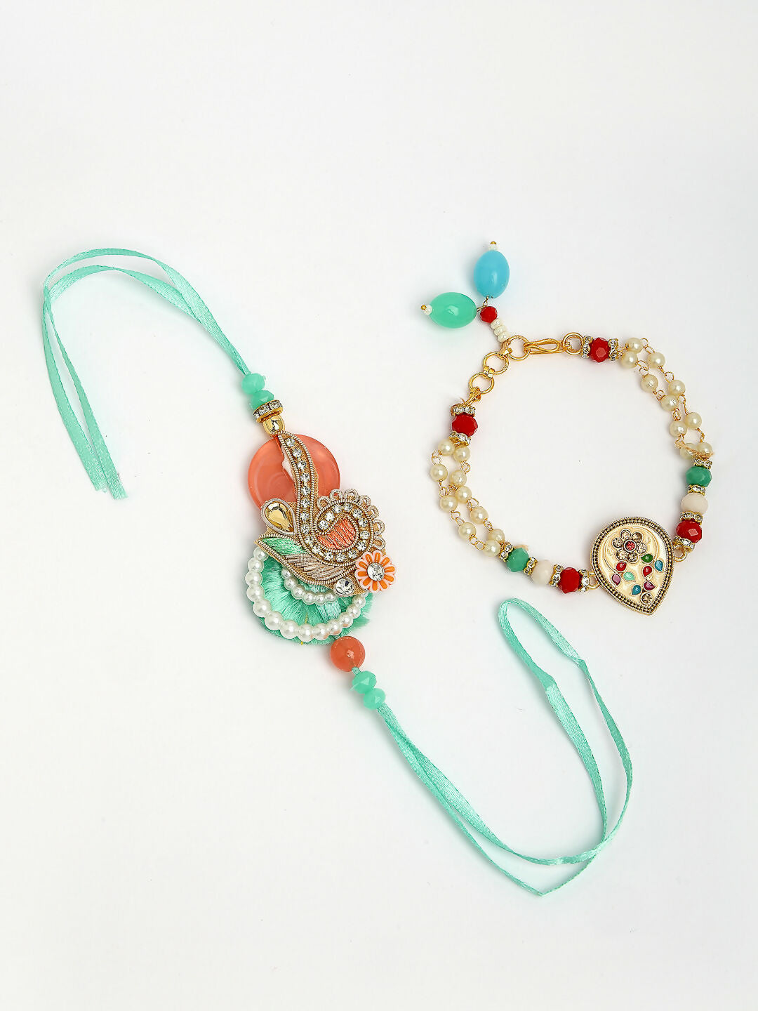 NVR Women & Men Set of 2 Multicolor Stone-Studded & Beaded Bhaiya Bhabhi Rakhi With Roli Chawal & Chocolate