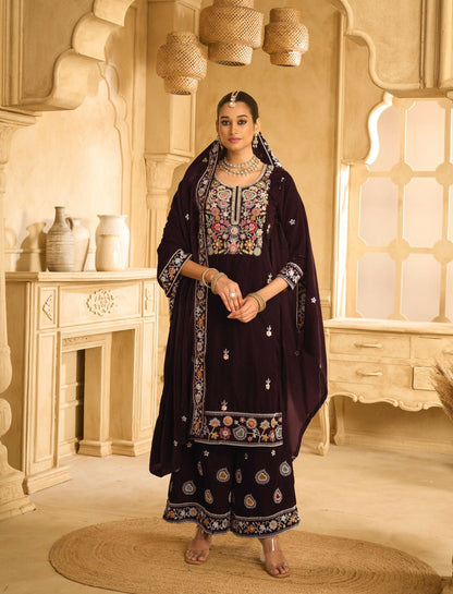 Anaita Maroon Embroidered Velvet Stitched Plazo Suit