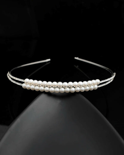 VOJ Silver Plated Pearl Studded Double Layer Hairband