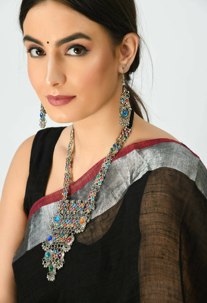Mominos Fashion Johar Kamal Oxidised Silver-Plated Brass Finish Multi Kundan Afghani Long Necklace For Women