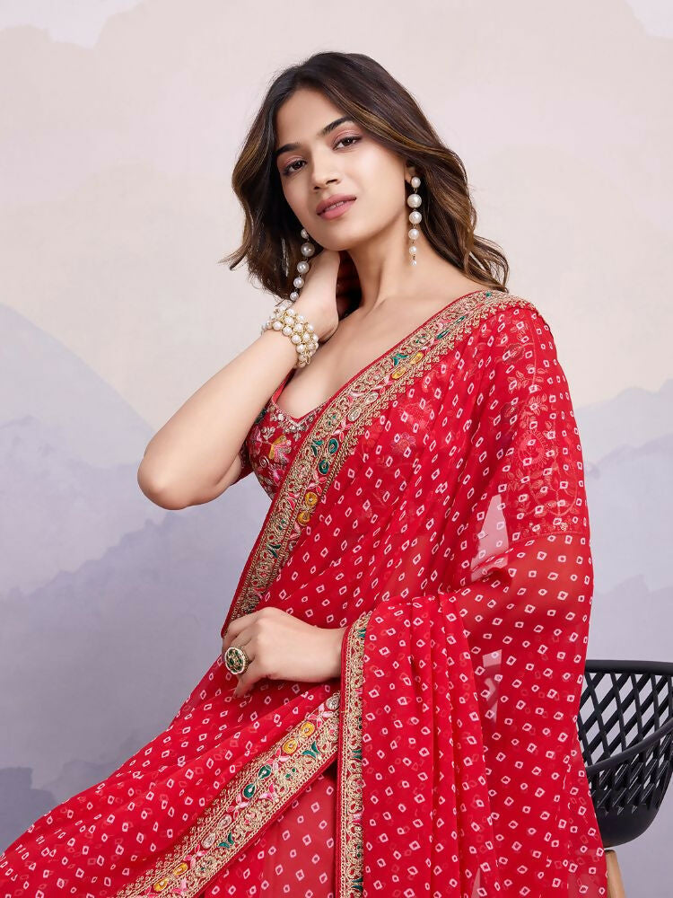 Red Georgette Bandhani Printed,Embroidery Work Saree - Surkhi