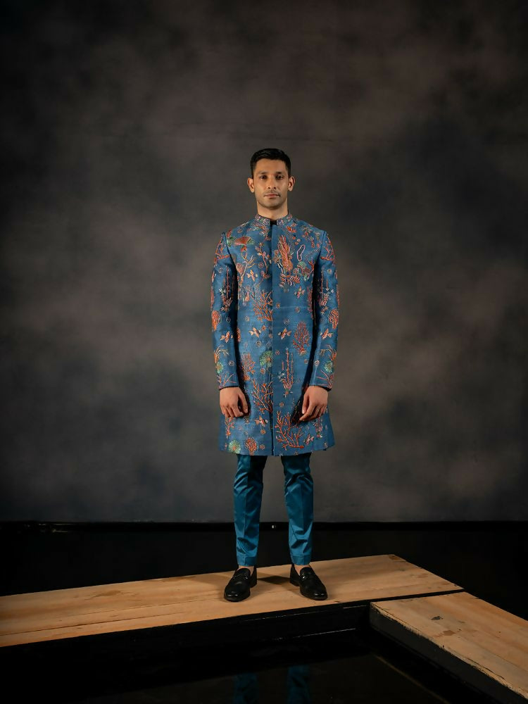 Navy Blue Coral Voyage Hand Embroidered Indowestern Sherwani by Hilo Design