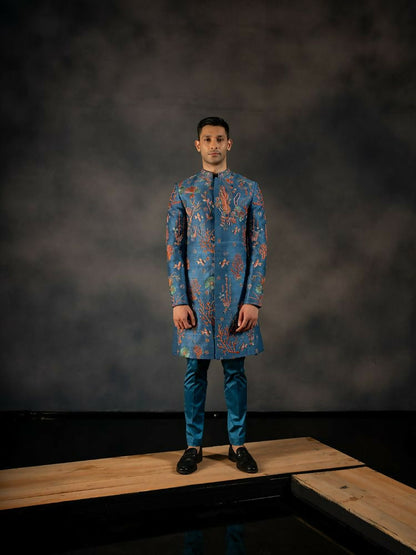 Navy Blue Coral Voyage Hand Embroidered Indowestern Sherwani by Hilo Design