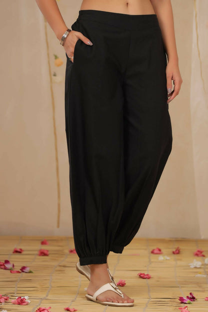 Juniper Women Black Cotton Flex Solid Stylized Dhoti Pant