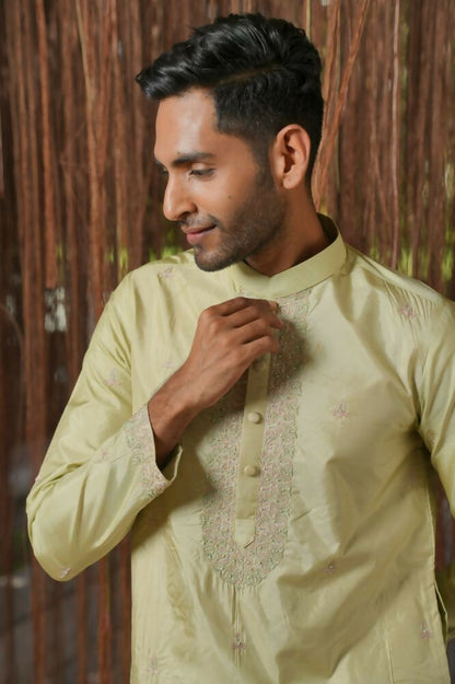 Olive Kanjivaram Machien Embroidered Pattu Set by Hilo Design