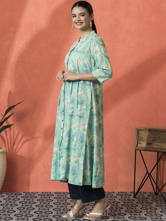 Sangria Floral Printed Mandarin Collar Panelled Pure Cotton A-Line Kurta