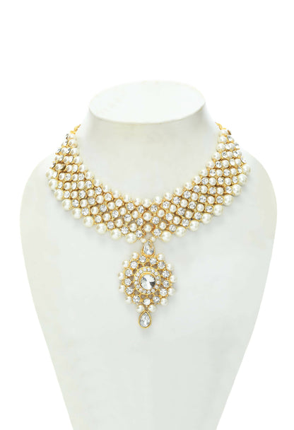 Mominos Fashion Johar Kamal Gold-Polished Rani Haar with Off white Pearls Jewellery Set