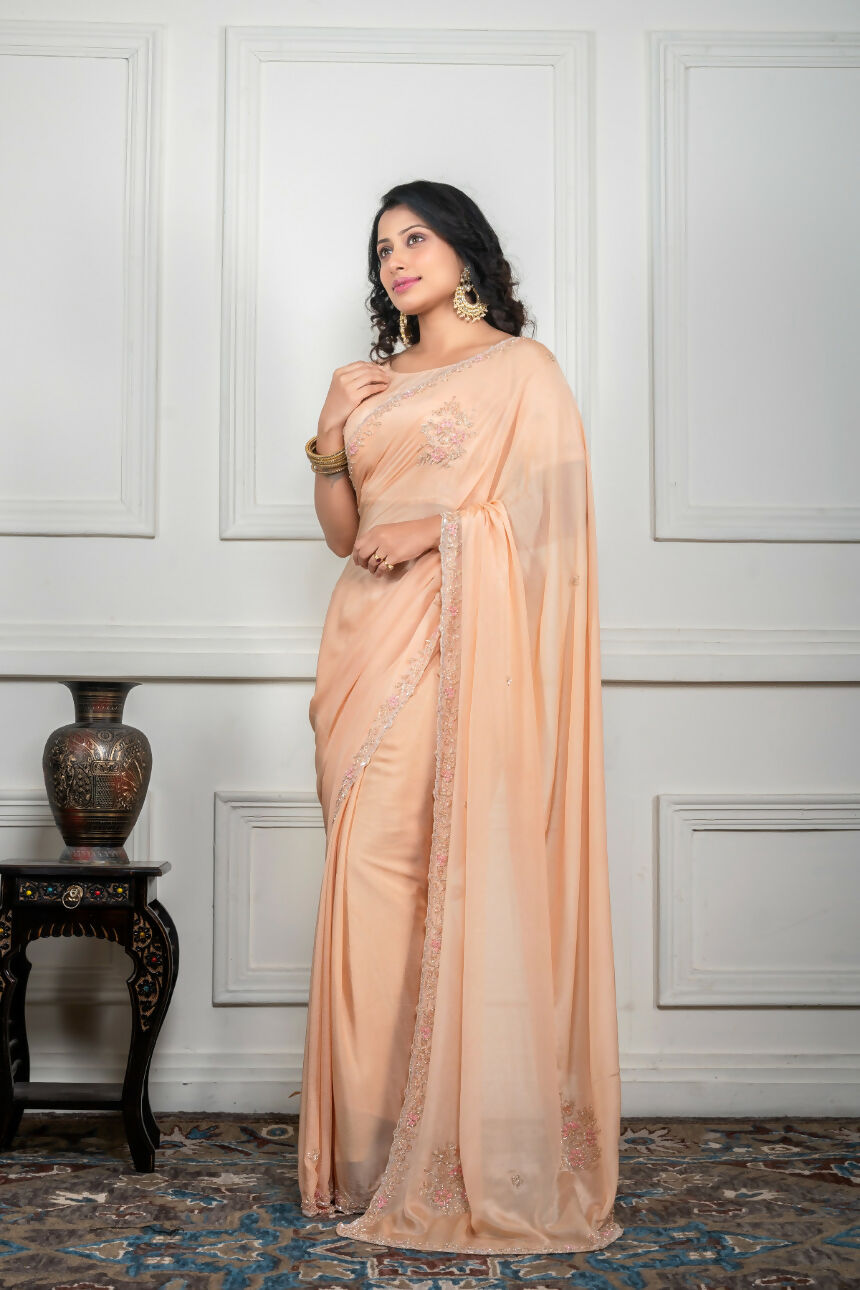 Morchari Beige Chiffon Hand Embroidery Saree And Stitched Blouse