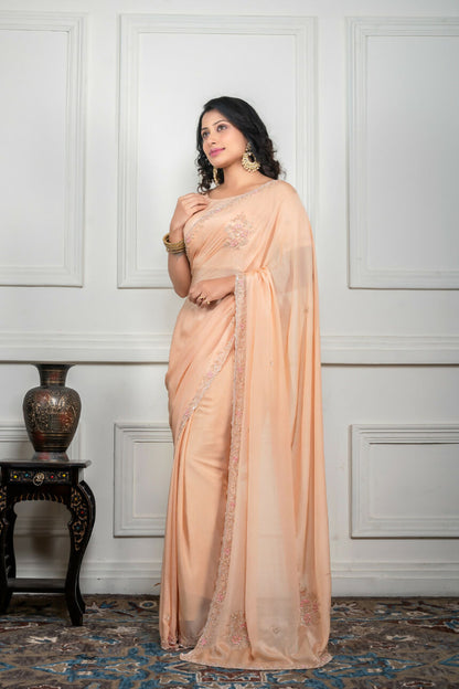 Morchari Beige Chiffon Hand Embroidery Saree And Stitched Blouse