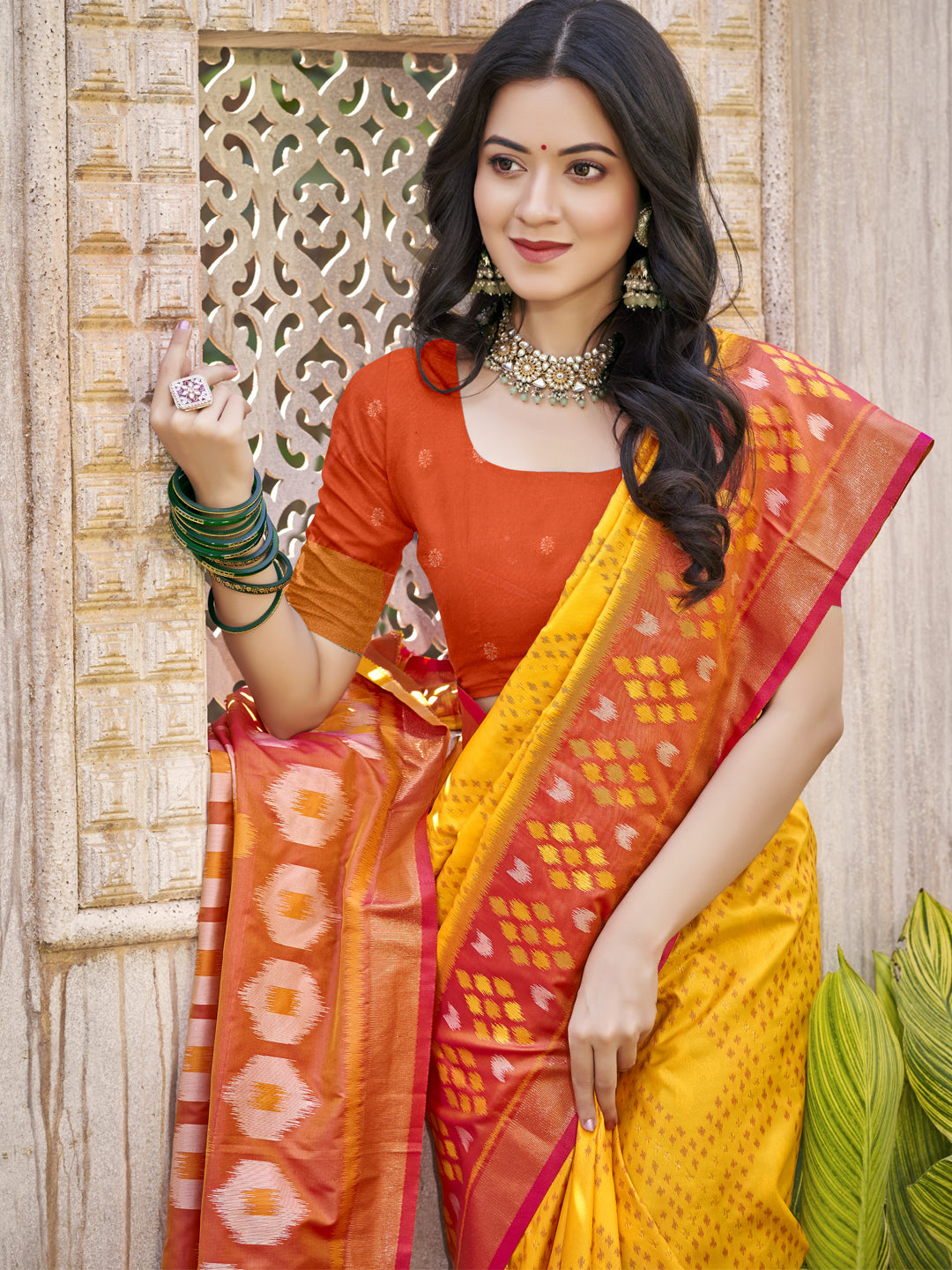 Anaita Yellow Pochampally Silk Saree With Floral Printed Work With Blouse