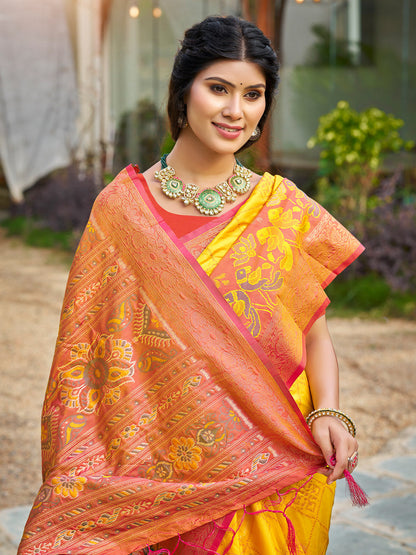 Anaita Yellow Soft Silk Saree With Floral Printed Work With Blouse