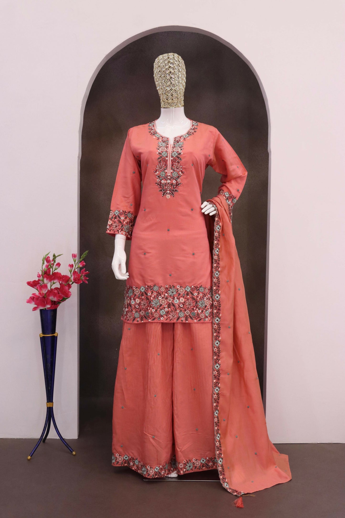 Anaita Peach Simar with Embroidery Multi & Zarkhan Work Readymade Palazzo suit