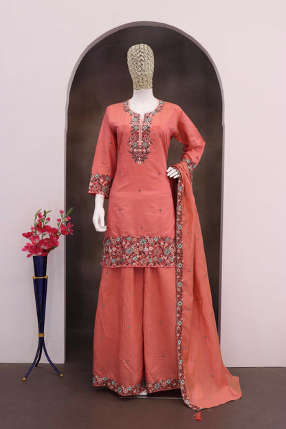 Anaita Peach Simar with Embroidery Multi & Zarkhan Work Readymade Palazzo suit