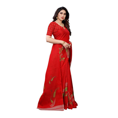 Vamika Printed Jute Silk Red Saree (Leo Red)