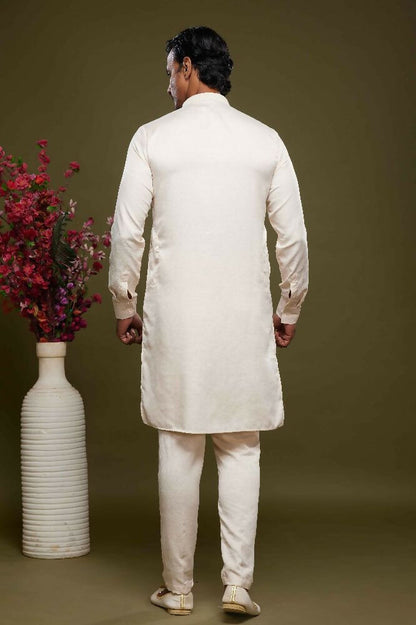 Raivat Ethnic Art Banarasi Silk Thread Work Kurta Pajama In Cream Colour