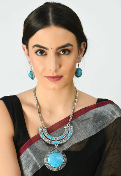 Mominos Fashion Johar Kamal Oxidised Silver-Plated Stone Work Long Necklace Handicraft Sky Blue