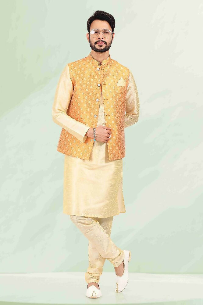 Raivat Ethnic Jacquard Banarasi Silk Woven Work 3 Pics Jacket Set In Mustard Colour