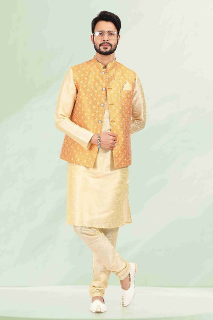 Raivat Ethnic Jacquard Banarasi Silk Woven Work 3 Pics Jacket Set In Mustard Colour