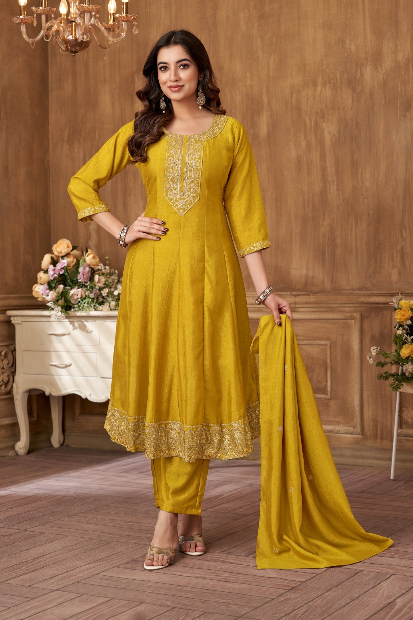 Anaita Yellow Anarkali Readymade Suit with Embroidery Work