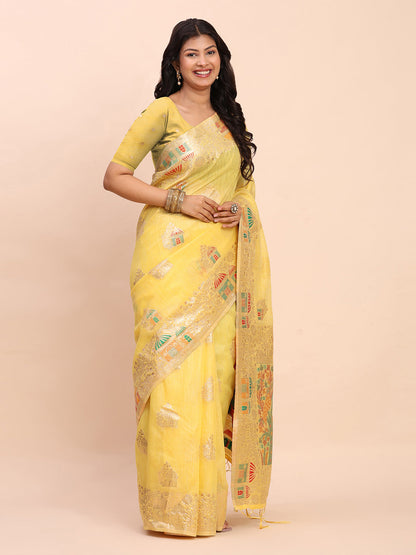 Anaita Yellow Linen Woven Work Saree With Blouse