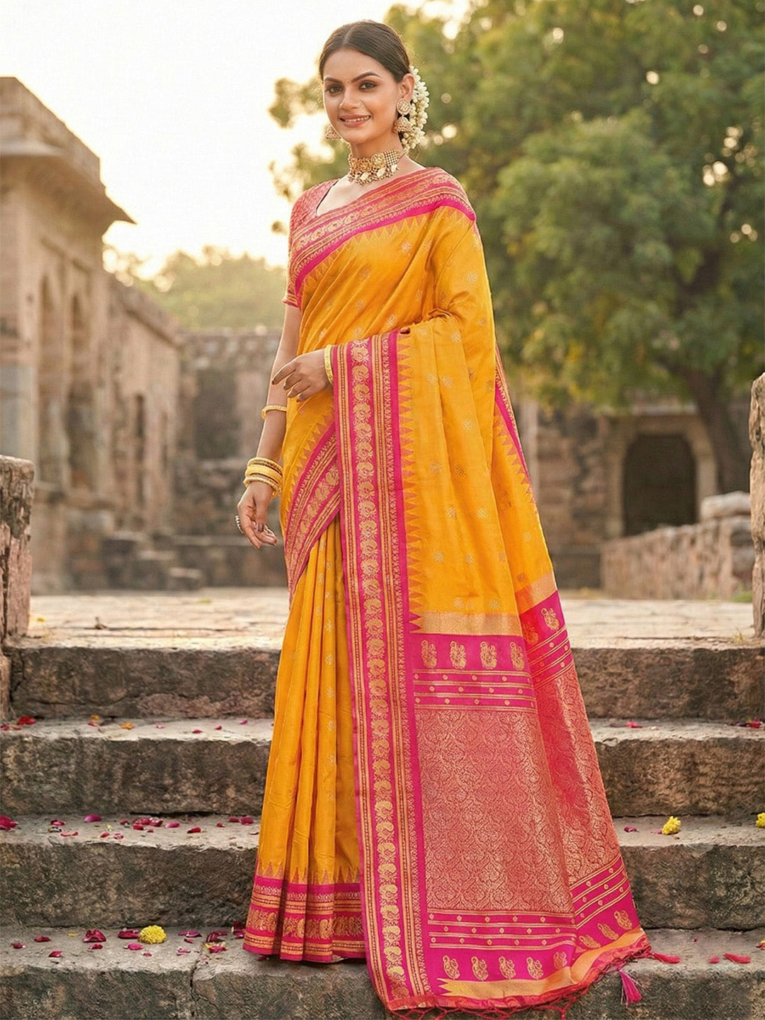Anaita Yellow Silk Woven Saree With Blouse