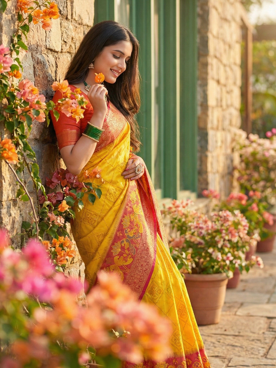 Anaita Yellow Pochampally Printed Saree With Blouse