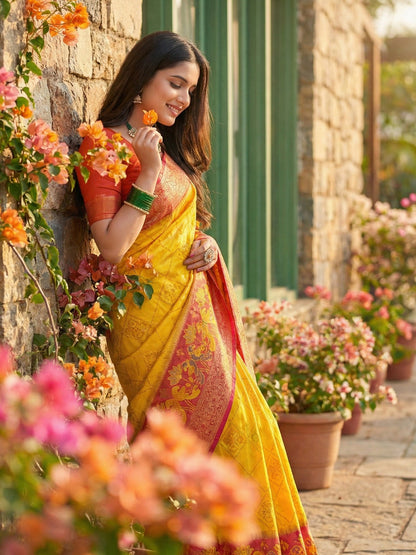 Anaita Yellow Pochampally Printed Saree With Blouse
