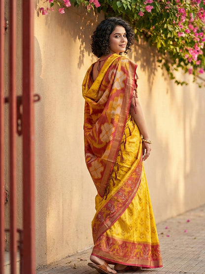 Anaita Yellow Pochampally Printed Saree With Blouse