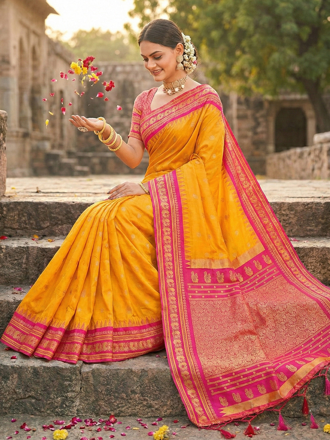 Anaita Yellow Silk Woven Saree With Blouse
