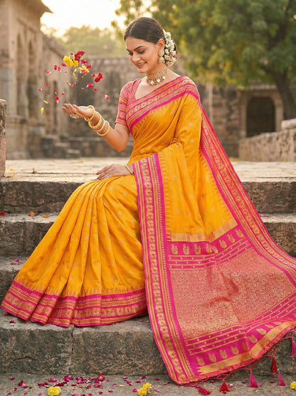 Anaita Yellow Silk Woven Saree With Blouse