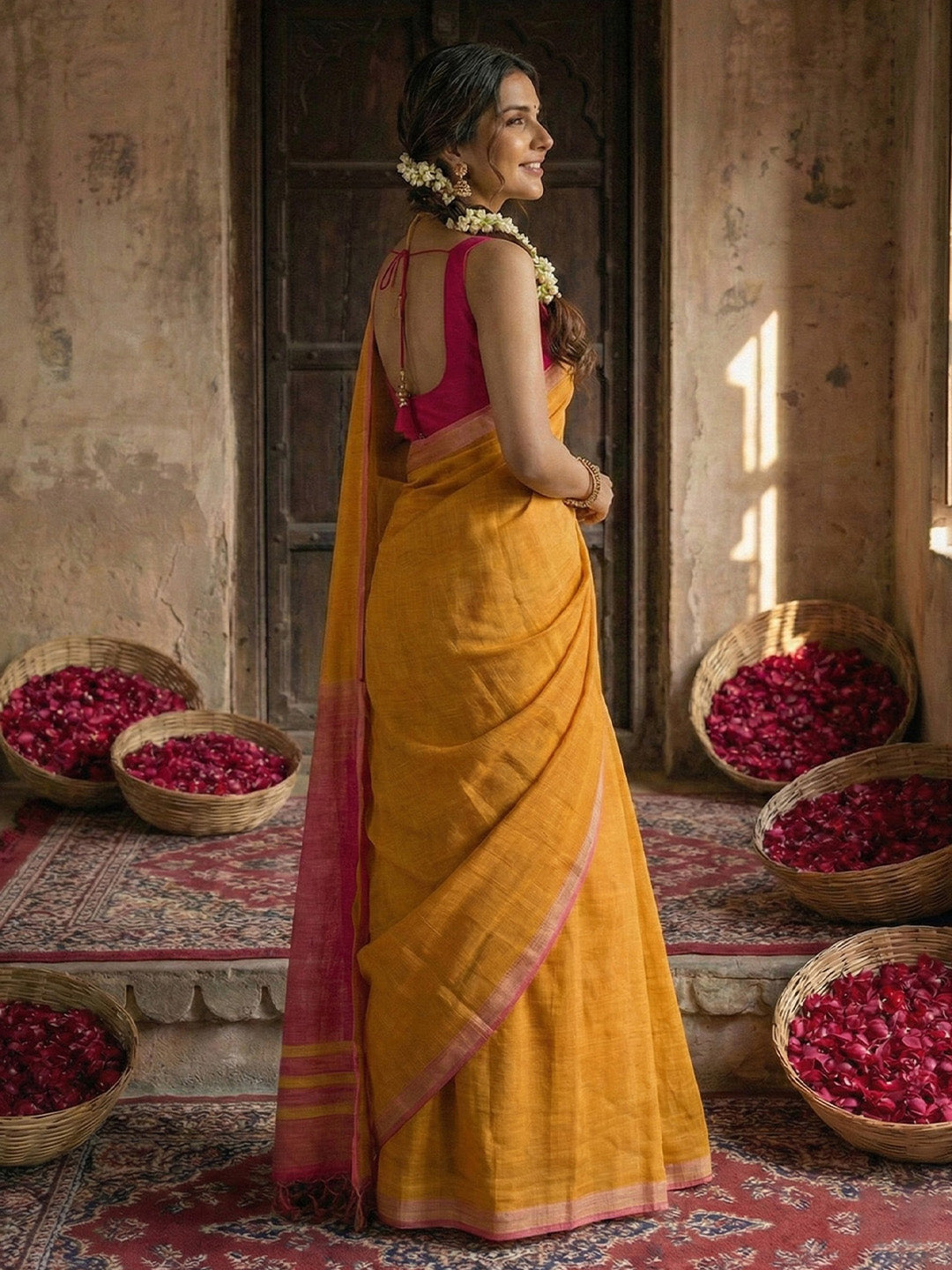 Anaita Yellow Cotton Printed Saree With Blouse