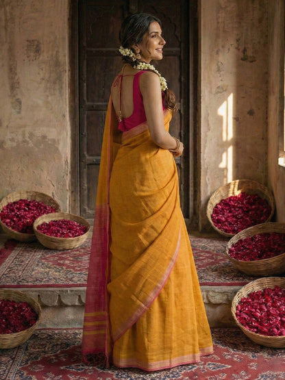 Anaita Yellow Cotton Printed Saree With Blouse