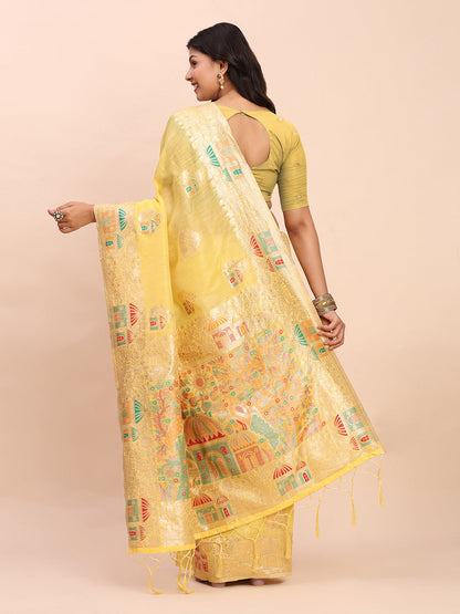 Anaita Yellow Linen Woven Work Saree With Blouse