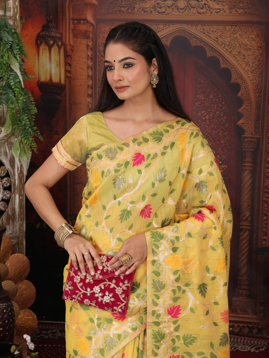 Anaita Yellow Linen Printed Saree With Blouse