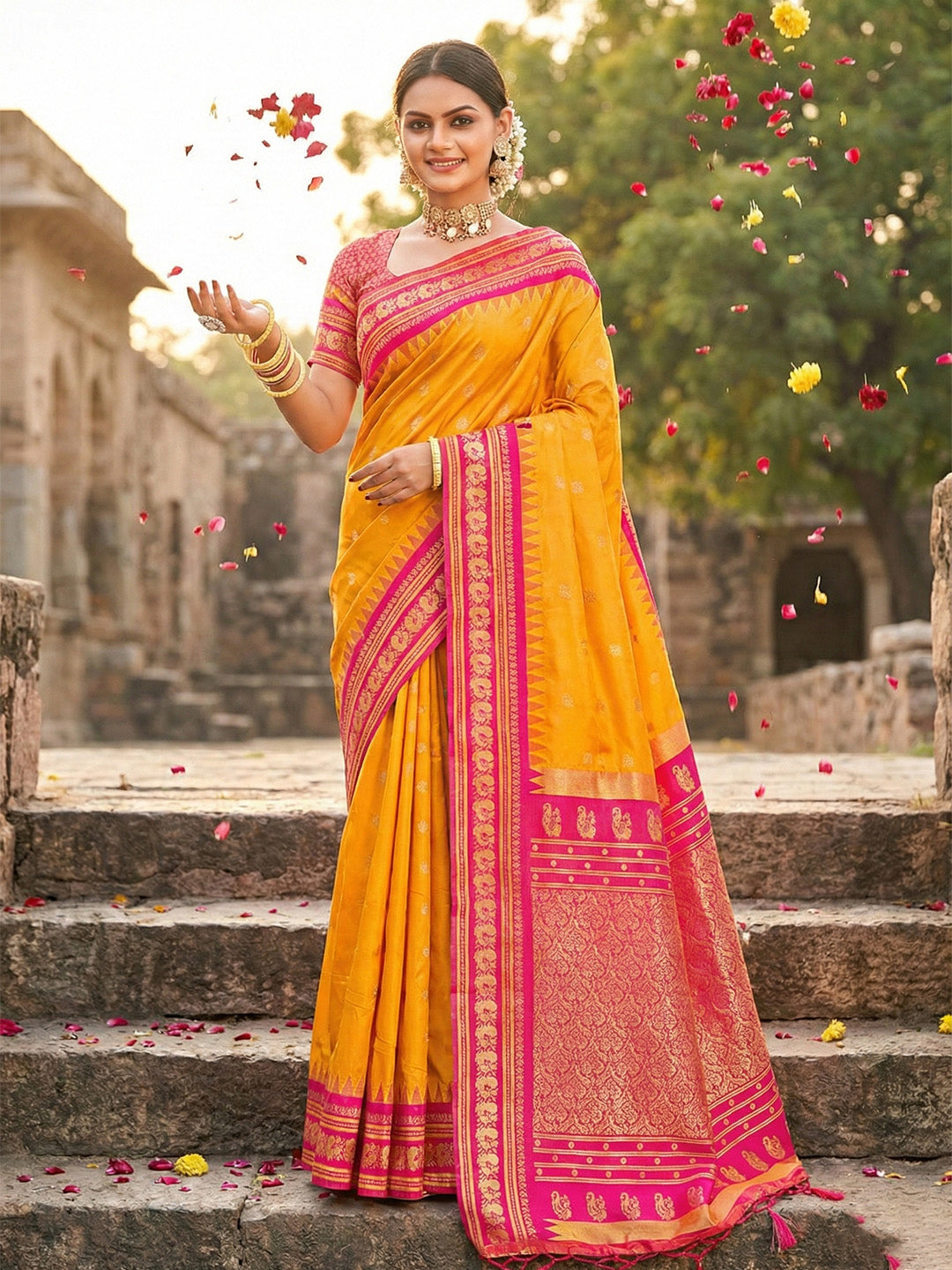 Anaita Yellow Silk Woven Saree With Blouse