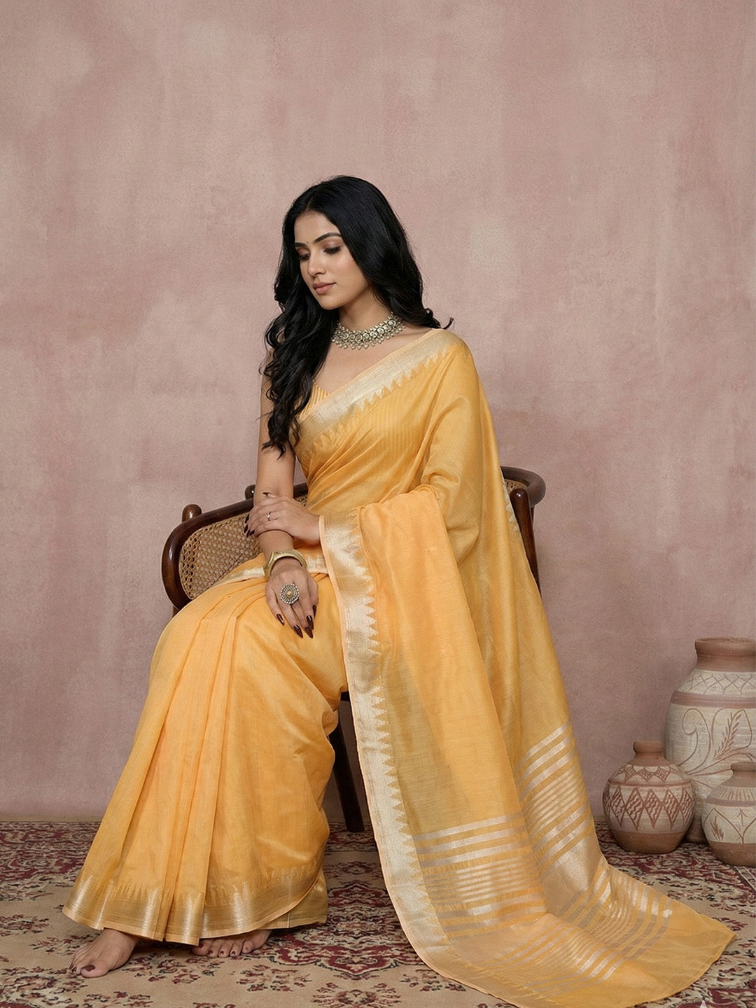 Anaita Yellow Cotton Saree With Blouse