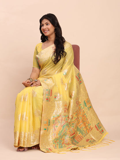 Anaita Yellow Linen Woven Work Saree With Blouse