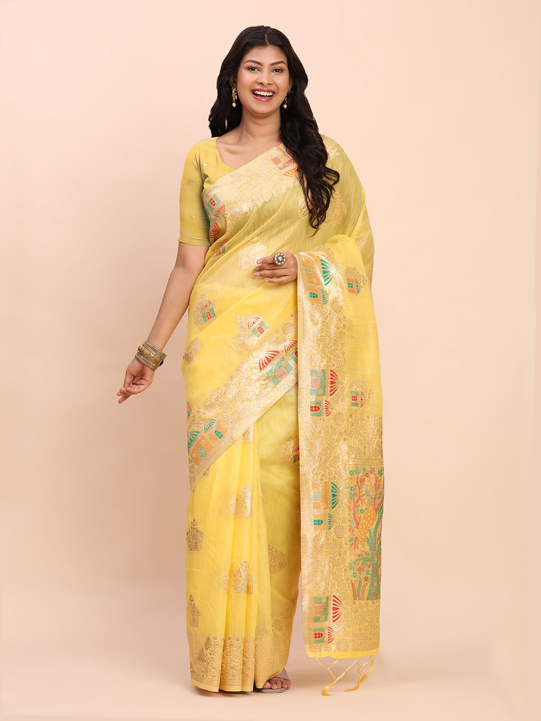 Anaita Yellow Linen Woven Work Saree With Blouse