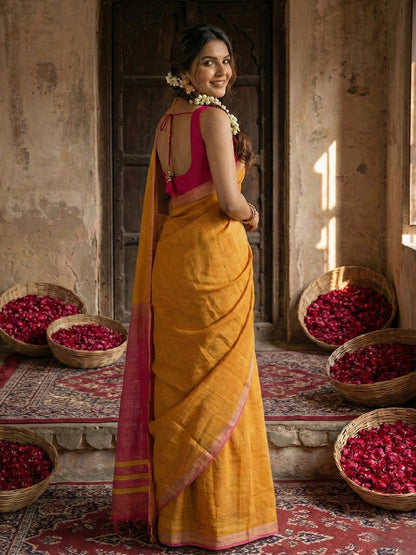Anaita Yellow Cotton Printed Saree With Blouse