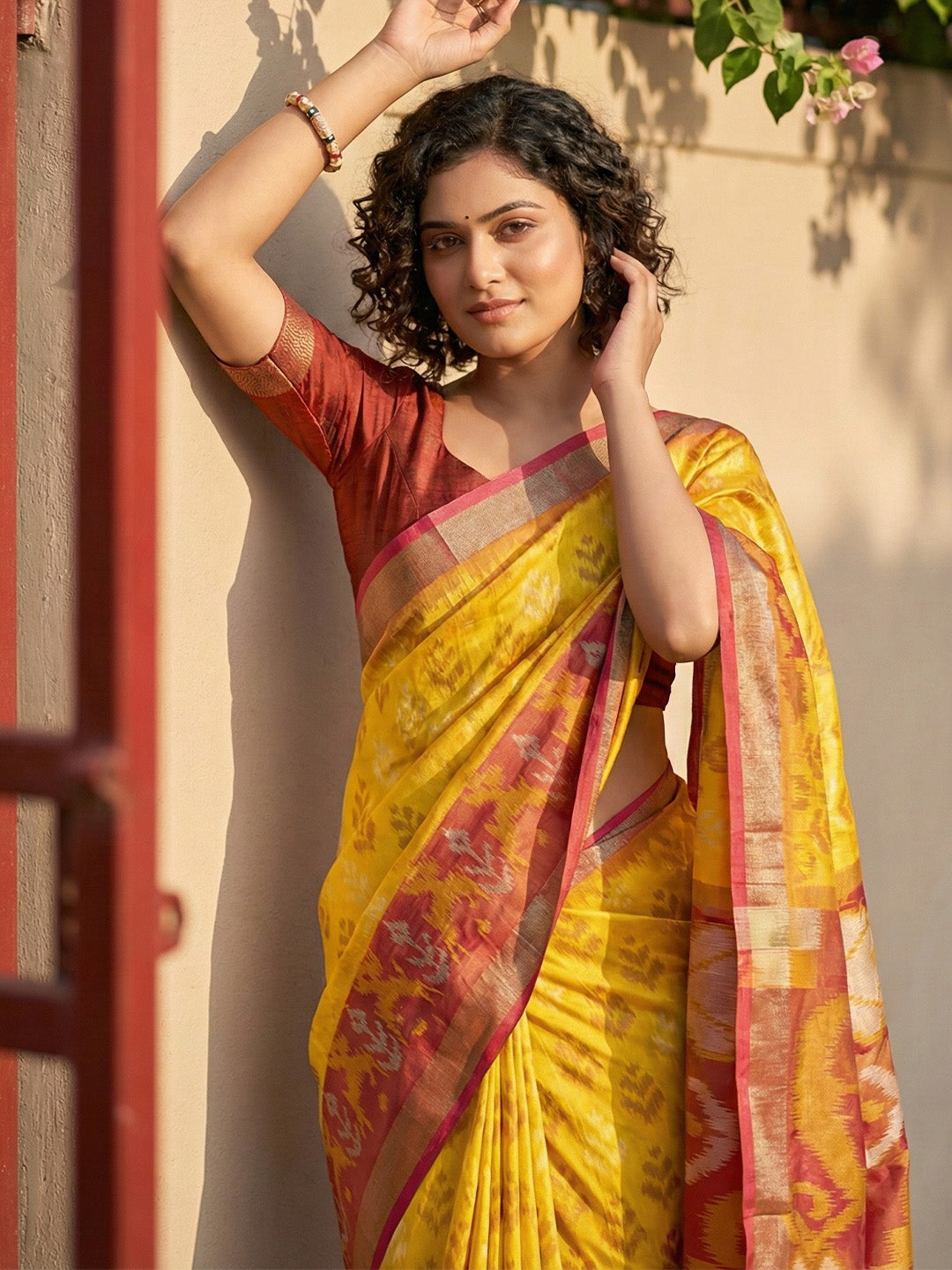 Anaita Yellow Pochampally Printed Saree With Blouse