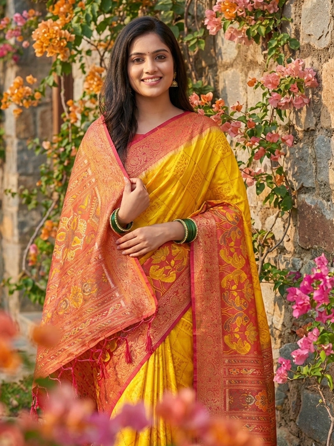 Anaita Yellow Pochampally Printed Saree With Blouse