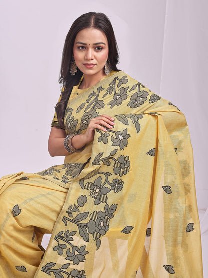 Anaita Yellow Linen Printed Saree With Blouse