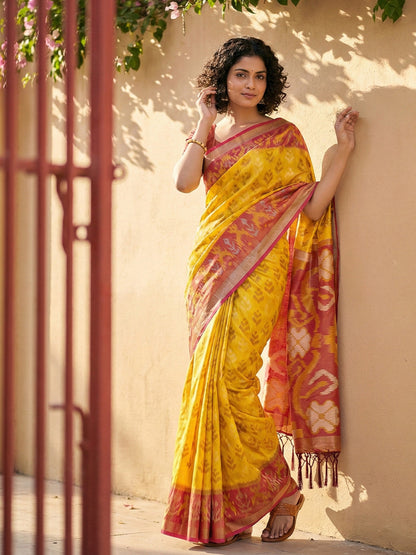 Anaita Yellow Pochampally Printed Saree With Blouse