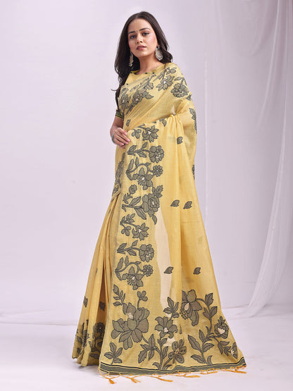 Anaita Yellow Linen Printed Saree With Blouse
