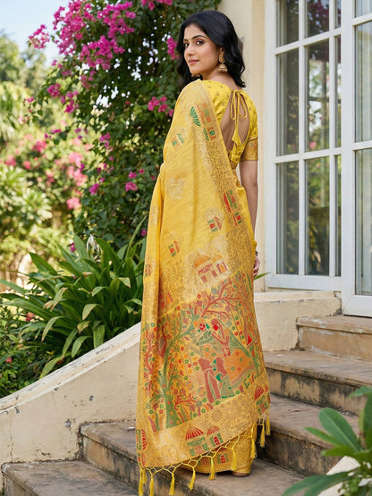 Anaita Yellow Linen Woven Work Saree With Blouse