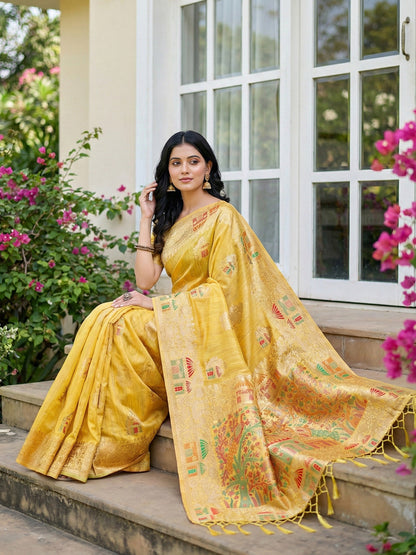 Anaita Yellow Linen Woven Work Saree With Blouse