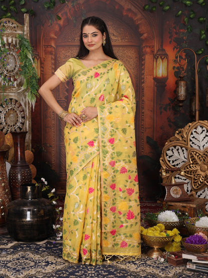 Anaita Yellow Linen Printed Saree With Blouse